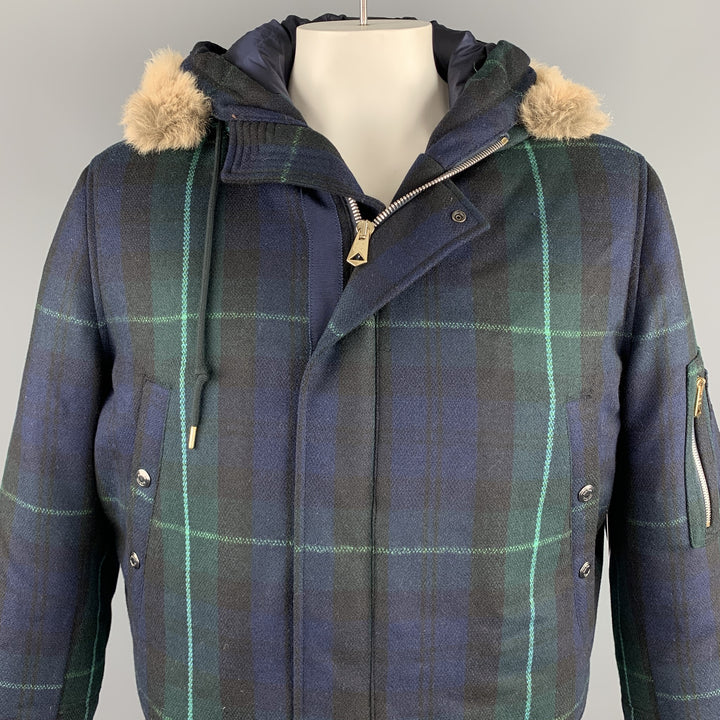 PAUL SMITH Size XL Navy & Green Plaid Wool / Cashmere Down Filled Jacket