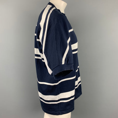 KOLOR Size L Navy & White Stripe Cotton Crew-Neck T-shirt