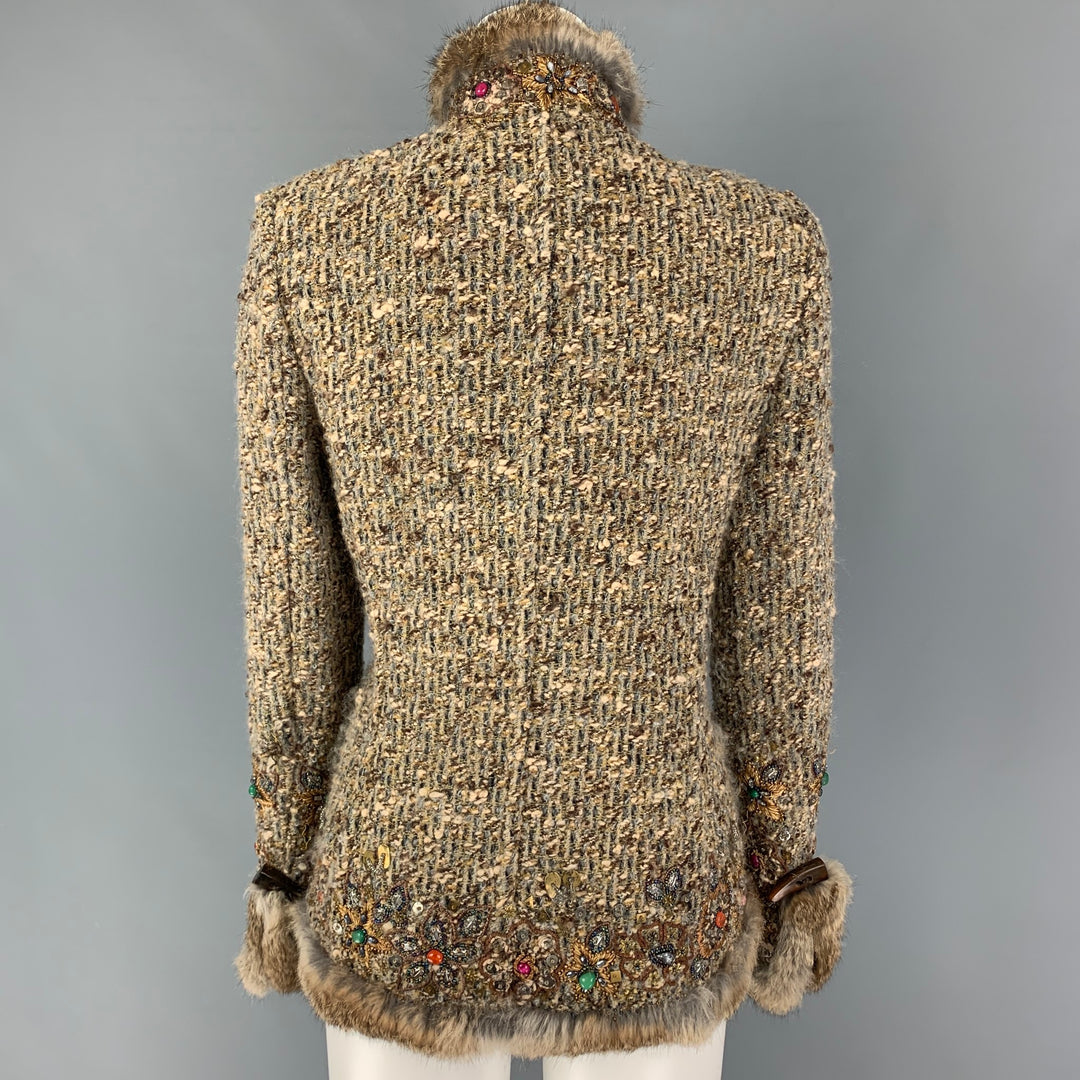 OSCAR DE LA RENTA Size 6 Taupe Wool Blend Embroidered Jacket