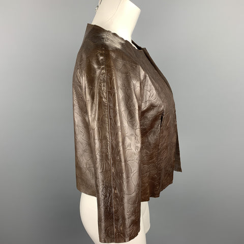 CHAIKEN Size S Brown Floral Embossed Leather Open Front Jacket