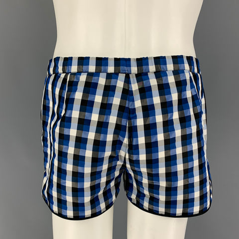 PARKE & RONEN Size 32 Blue White Black Checkered Polyester Nylon Swim Trunks