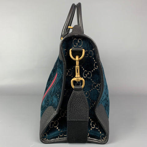 GUCCI Blue Black GG Monogram Velvet Duffle Medium Boston Bag