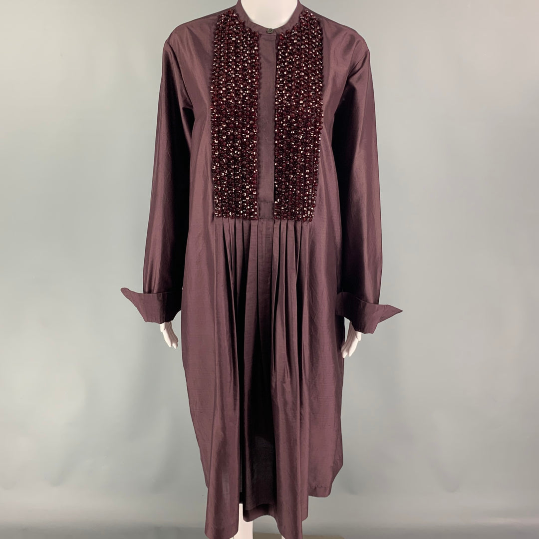 DRIES VAN NOTEN Size 4 Burgundy Silk Beaded Tunic Dress