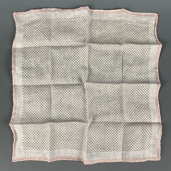 BRUNELLO CUCINELLI White Brown Polka Dot Linen Pocket Square