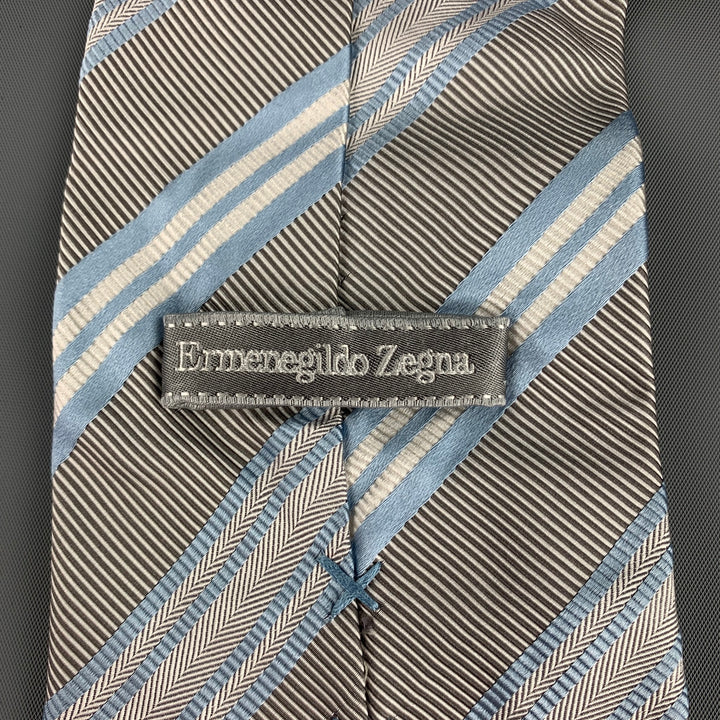 ERMENEGILDO ZEGNA Gray & Light Blue Diagonal Stripe Silk / Cotton Tie