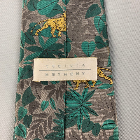 CECILIA METHENY Green Grey Print Silk Tie
