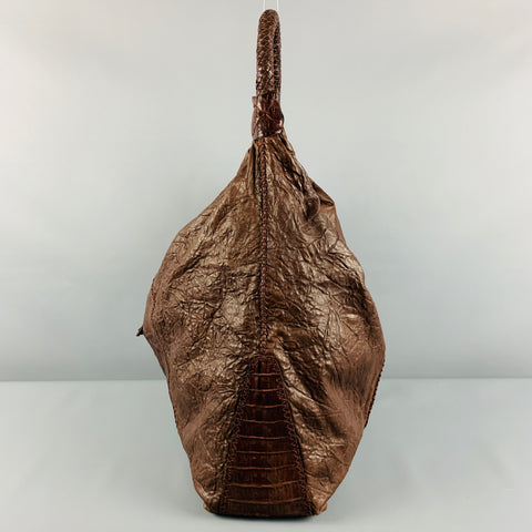 PARKER OCHS Brown Mixed Leathers Alligator Leather Hobo Handbag