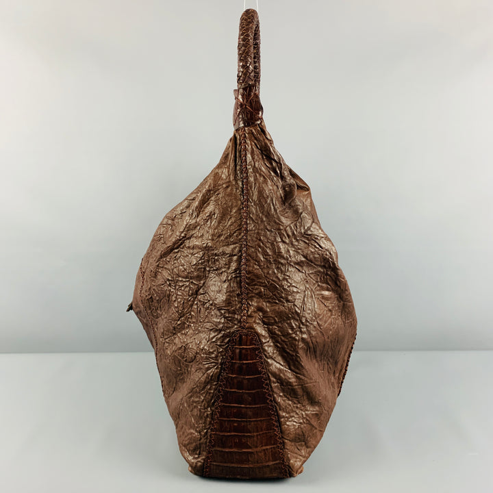 PARKER OCHS Brown Mixed Leathers Alligator Leather Hobo Handbag
