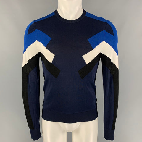 NEIL BARRETT Size S Navy Blue Geometric Viscose Fitted Crew-Neck Pullover
