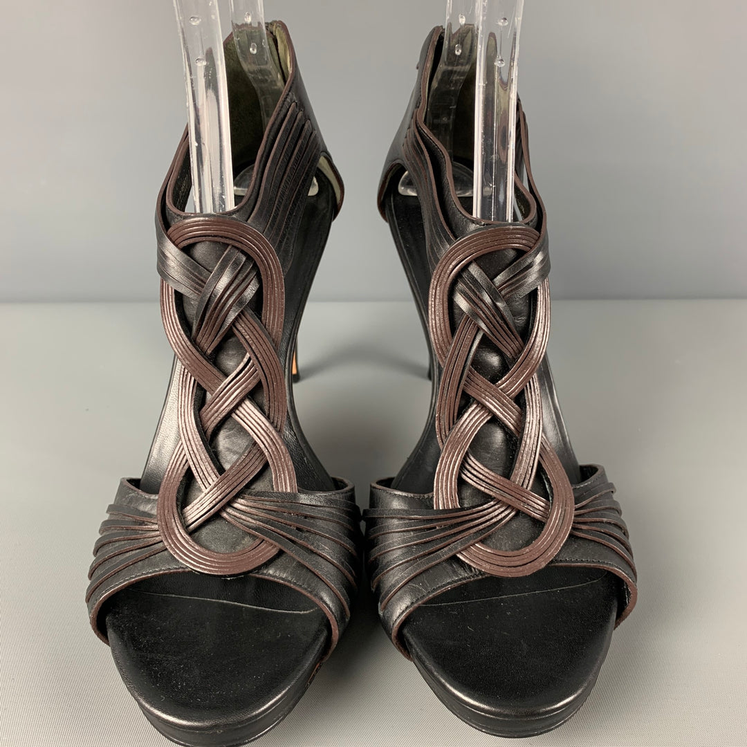 COLE HAAN Size 11 Dark Brown Leather Woven Heel Sandals  display picture 1