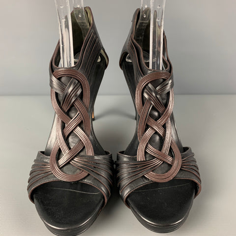 COLE HAAN Size 11 Dark Brown Leather Woven Heel Sandals