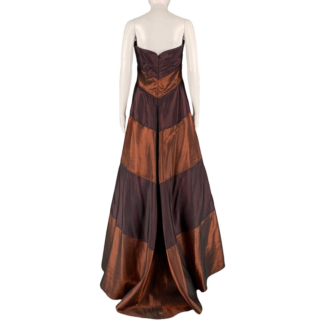 HELEN MORLEY Size M Burgundy Copper Silk Stripe Strapless Long Gown