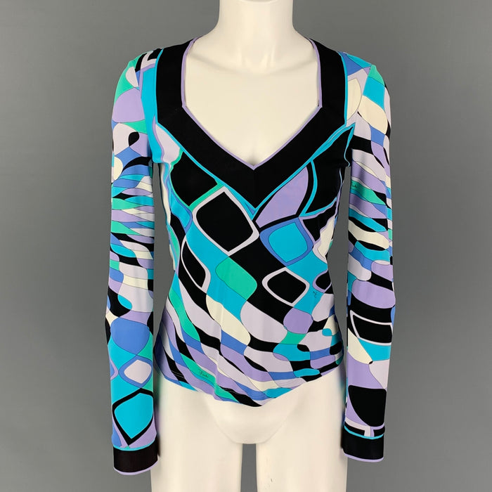 EMILIO PUCCI Size 6 Turquoise Purple Viscose Abstract Long Sleeve Dress Top