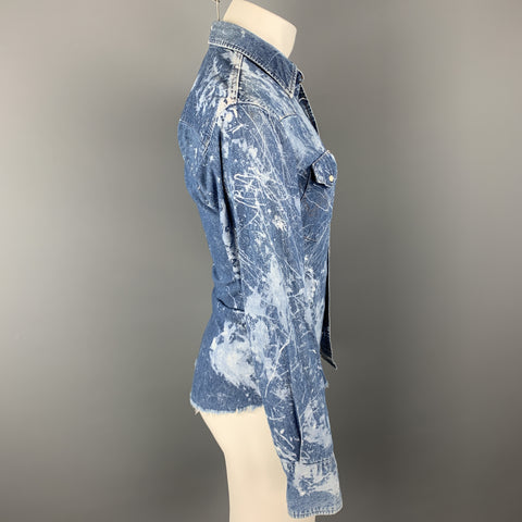 WRANGLER Size XS Blue Splattered Denim Snaps Long Sleeve Shirt