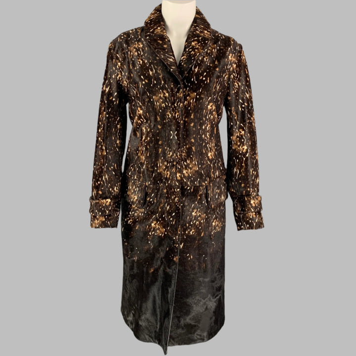 BURBERRY PRORSUM Pre-Fall 2013 Abrigo con estampado animal de pelo de becerro marrón y tostado Talla 8