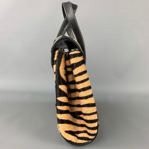 VAUGHN Brown & Beige Zebra Pony Hair Top Handles Handbag