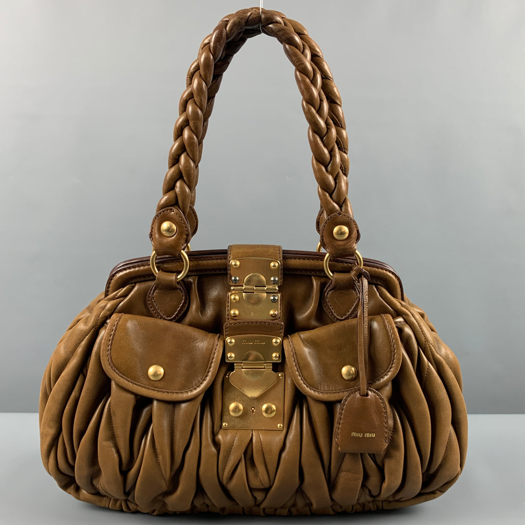 MIU MIU Brown Ruched Leather Top Handles Handbag