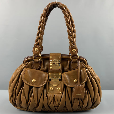 MIU MIU Brown Ruched Leather Top Handles Handbag