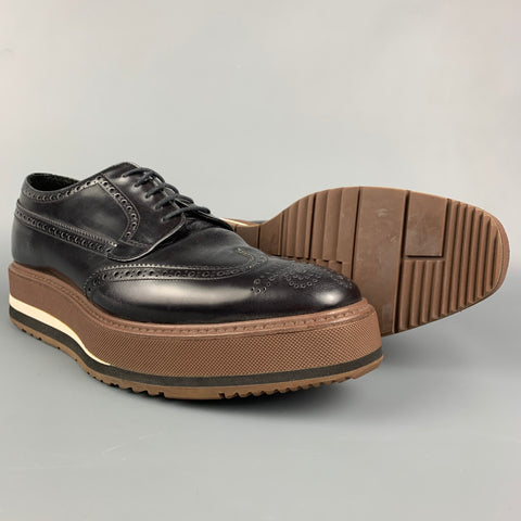 PRADA Size 8.5 Black & Brown Perforated Leather Platform Lace Up Shoes