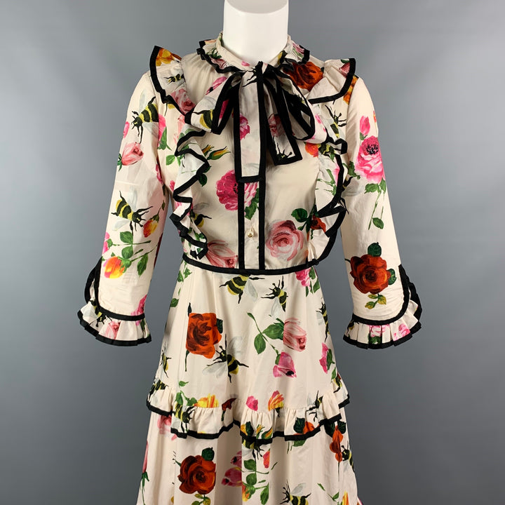 GUCCI Size 2 Beige Floral Cotton Ruffle Pussy Bow Cocktail Dress