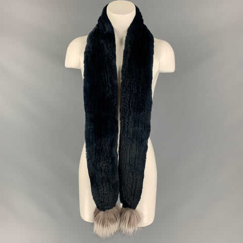 ADRIENNE LANDAU Navy Woven Fur Pom Pom Scarf