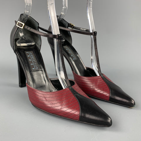 LAMBERTSON TRUEX Talla 7 Zapatos de tacón con tira en T de cuero negro y rojo