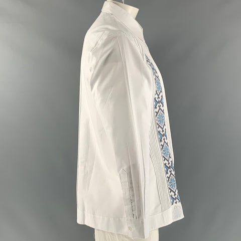 GUAYABERAS Size L White Light Blue Embroidery Linen Long Sleeve Shirt