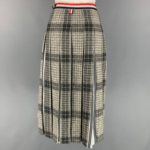 THOM BROWNE Taille 4 Jupe mi-mollet plissée en laine à carreaux gris