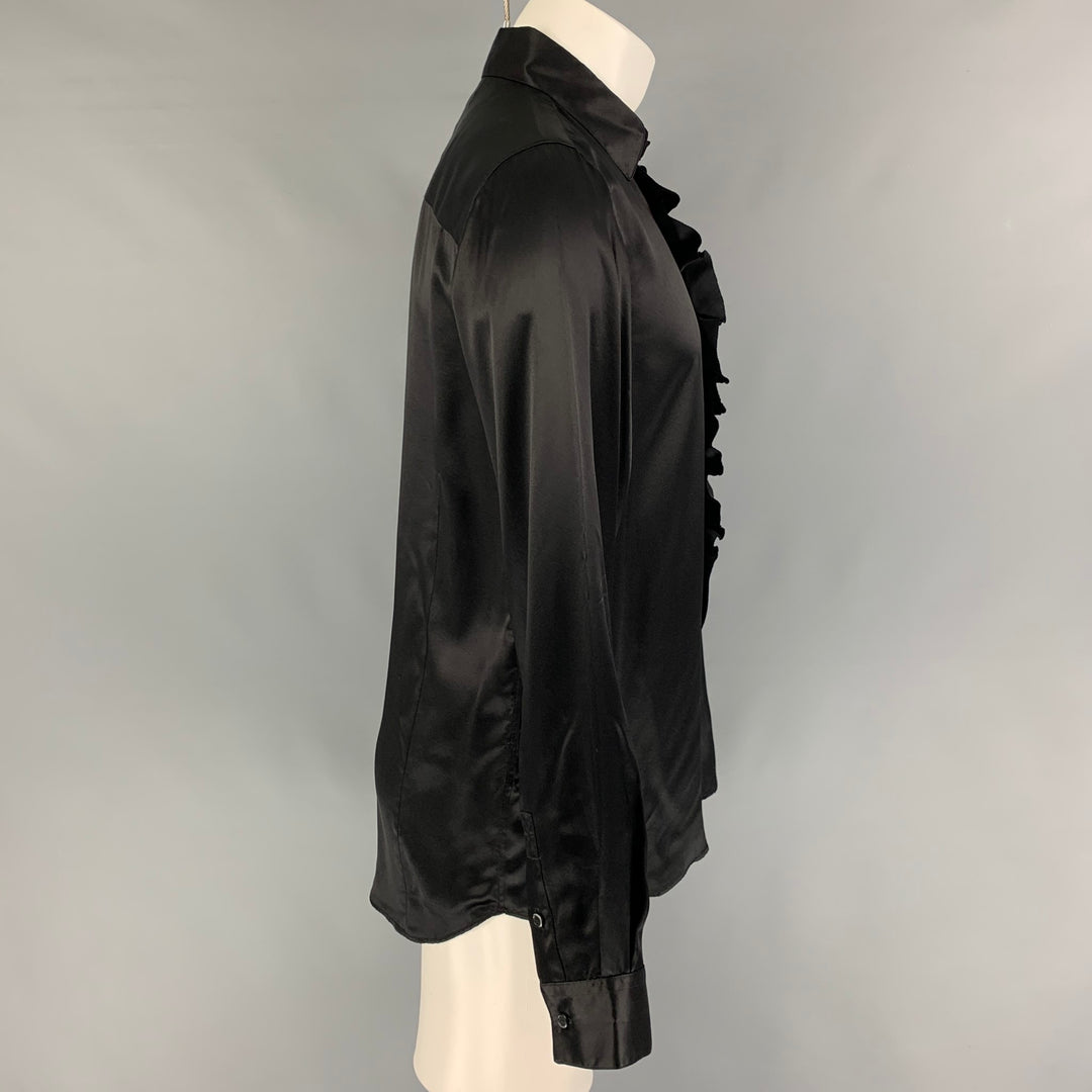 JOHN GALLIANO Size M Black Ruffled Silk Button Up Long Sleeve Shirt