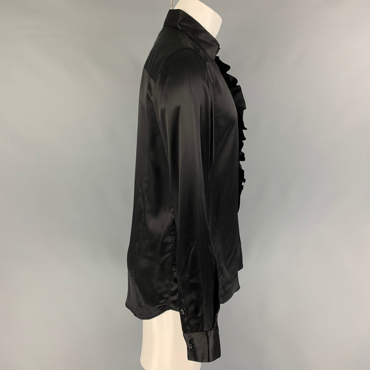 JOHN GALLIANO Size M Black Ruffled Silk Button Up Long Sleeve Shirt