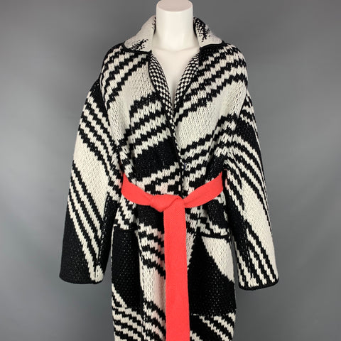 MISSONI Size 6 Black & White Knitted Wool Blend Belted Maxi Cardigan