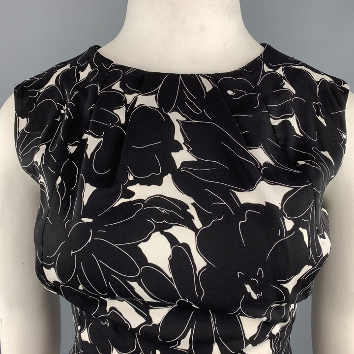 OSCAR DE LA RENTA 14 Black & White Floral Stretch Silk Sleeveless Shift Dress