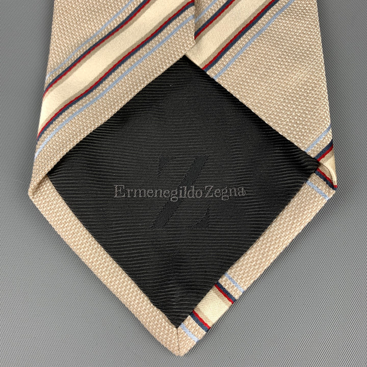 ERMENEGILDO ZEGNA Beige & Navy Diagonal Strip Silk Tie