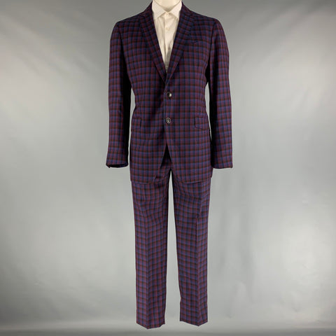 ETRO Chest Size 48 Navy Red Checkered Wool Single Breasted 37 31 Suit