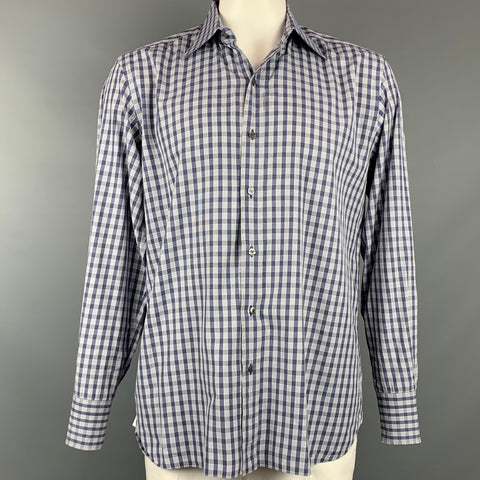TOM FORD Size XL Navy & White Plaid Cotton Button Up Long Sleeve Shirt