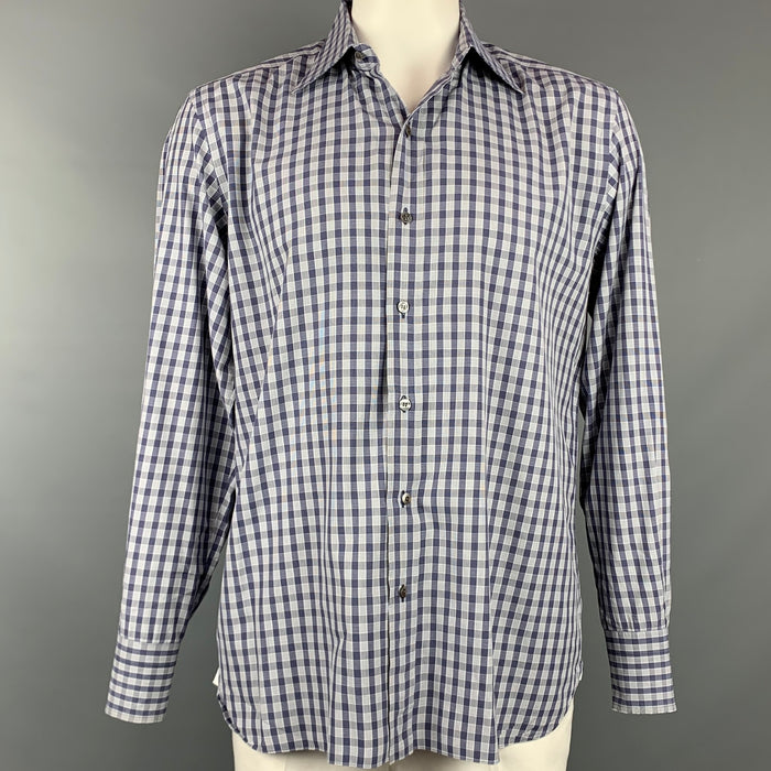 TOM FORD Size XL Navy & White Plaid Cotton Button Up Long Sleeve Shirt