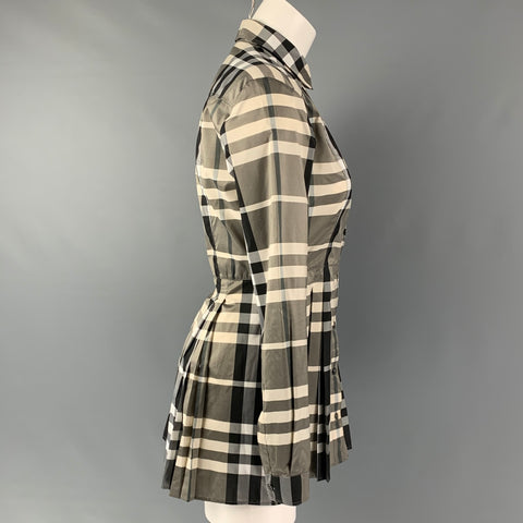 BURBERRY LONDON Size 4 Grey & Black Cream Polyester Plaid Long Sleeve Casual Top