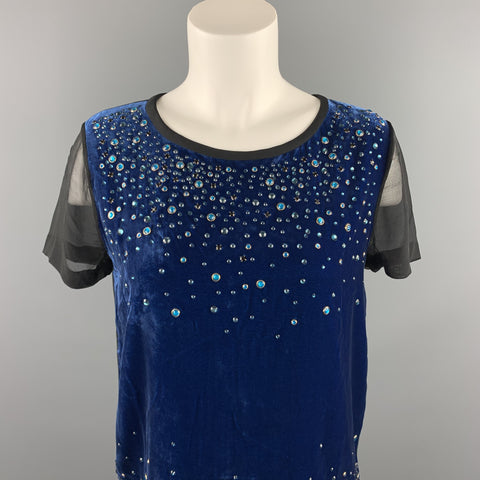 DIANE VON FURSTENBERG Taille 6 Blouse superposée en rayonne / soie strass noir et bleu