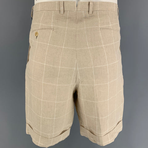 KENNETH FIELD Taille 34 Short à revers en lin beige et crème à carreaux de fenêtre