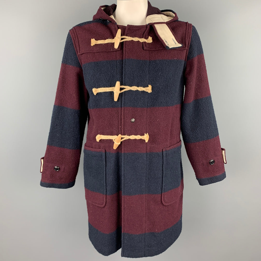 WOOLRICH Size M Burgundy & Navy Stripe Wool / Nylon Hooded Coat