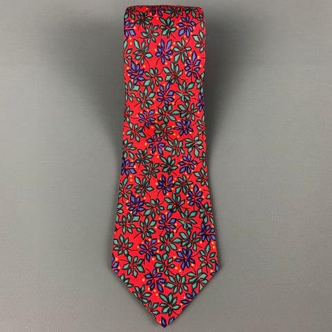 HERMES 7365 PA Red Multi-Color Poinsettias Print Silk Tie