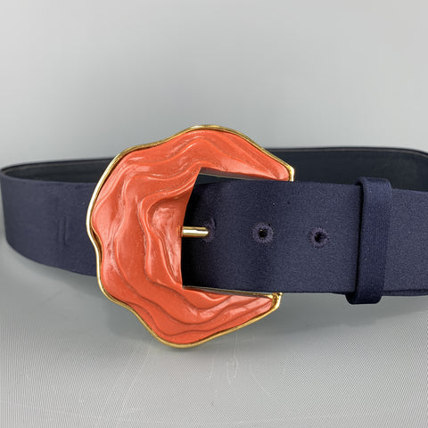 OSCAR DE LA RENTA Size 8 Navy Silk Gold Tone Coral Enamel Buckle Belt