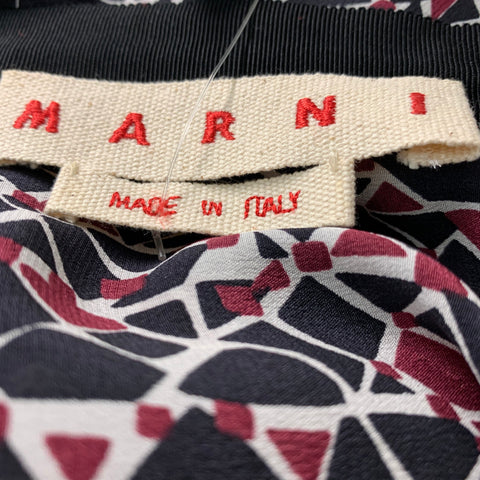 MARNI Size 2 Black Burgundy White Silk Abstract Long Sleeve Dress