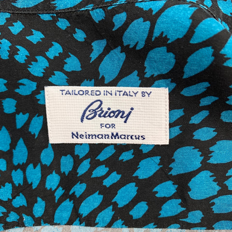 BRIONI for NEIMAN MARCUS Size M Aqua & Black Print Rayon Button Up Short Sleeve Shirt