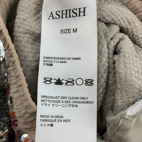 ASHISH Size M Silver Silk Drawstring Dress Pants
