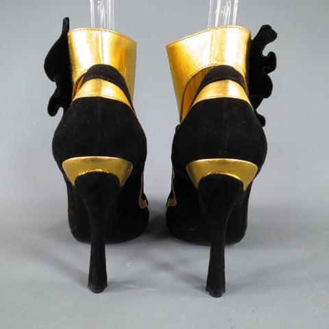 PRADA Primavera 2008 Talla 6 Zapatos de tacón metálicos con puños y volantes en ante negro y dorado