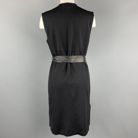 ST. JOHN Size S Black Draped Leather Front Wool Blend Knit Back Vest Coat