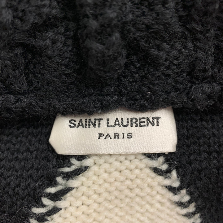 SAINT LAURENT Size L Black White Color Block Wool Hooded Cardigan