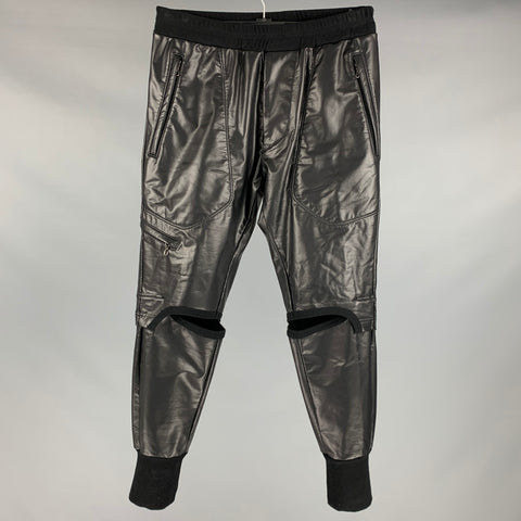 JULIUS_7 Size 28 Black Coated Polyurethane Joggers Casual Pants