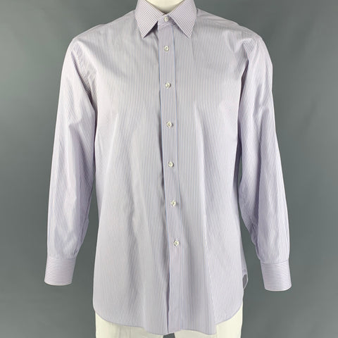 BRIONI Size L White, Blue & Orange Stripe Cotton Button Down Long Sleeve Shirt